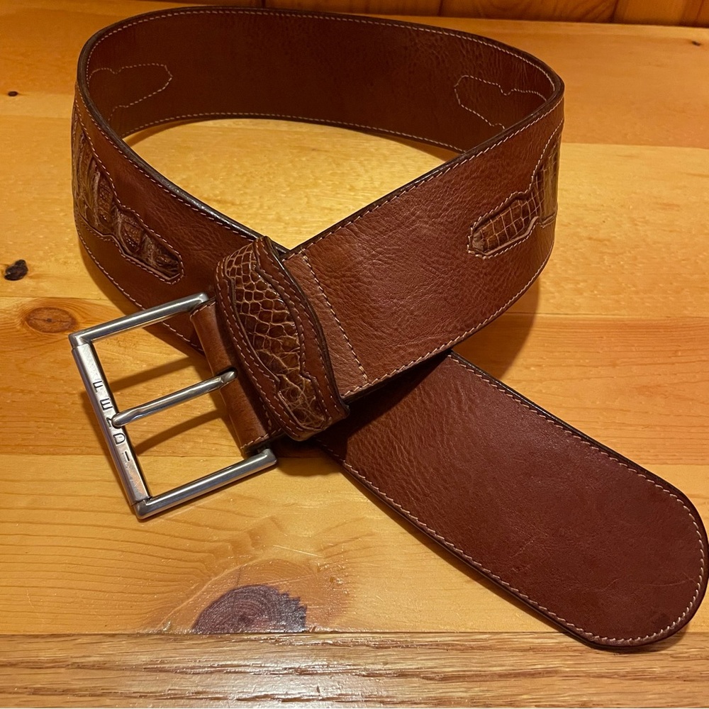 Vintage FENDI Brown Leather and Alligator or CrocodileWide Belt~~Size Small